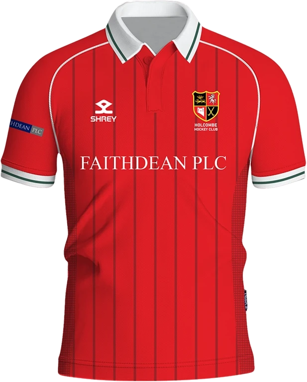 Holcombe home playing shirt: red with white trim and club crest